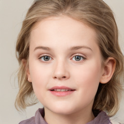 Joyful white child female with medium  brown hair and blue eyes