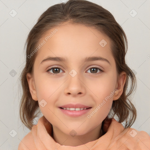 Joyful white child female with medium  brown hair and brown eyes