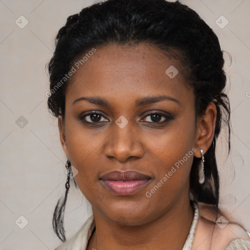 Joyful black young-adult female with medium  black hair and brown eyes