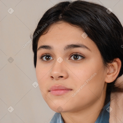 Neutral white young-adult female with medium  brown hair and brown eyes