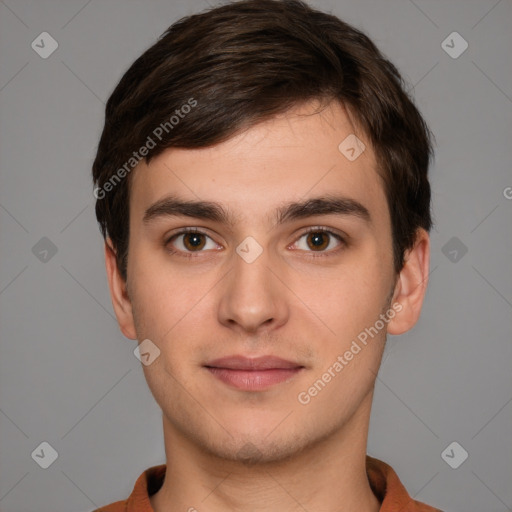 Neutral white young-adult male with short  brown hair and brown eyes