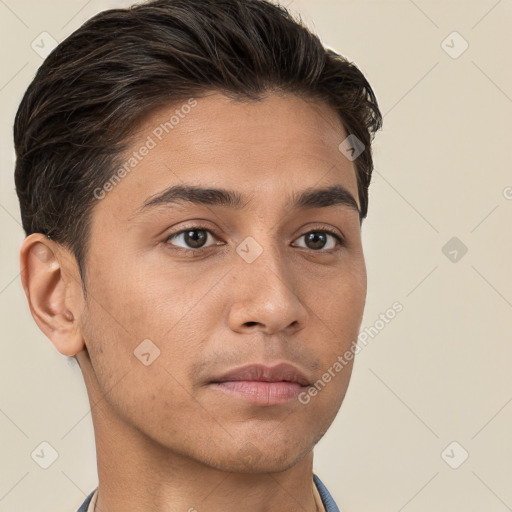 Neutral white young-adult male with short  brown hair and brown eyes