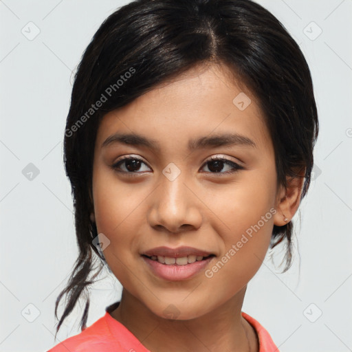 Joyful latino young-adult female with medium  black hair and brown eyes