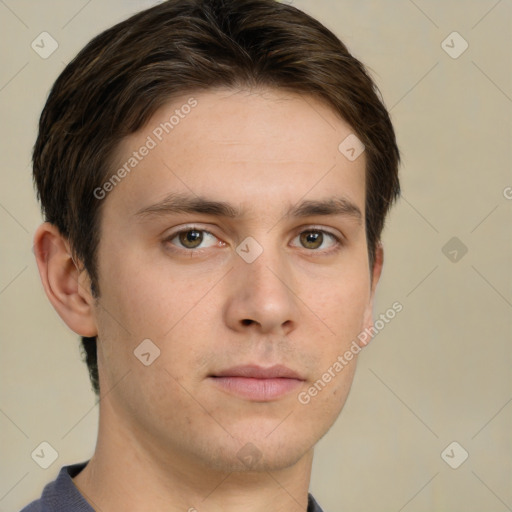 Neutral white young-adult male with short  brown hair and grey eyes