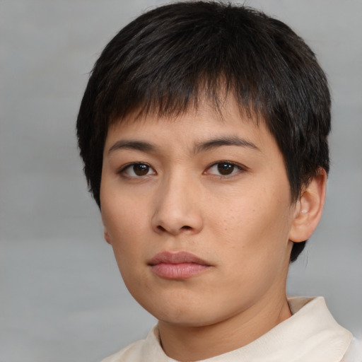 Neutral white young-adult female with short  brown hair and brown eyes