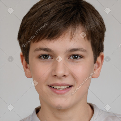 Joyful white child male with short  brown hair and brown eyes