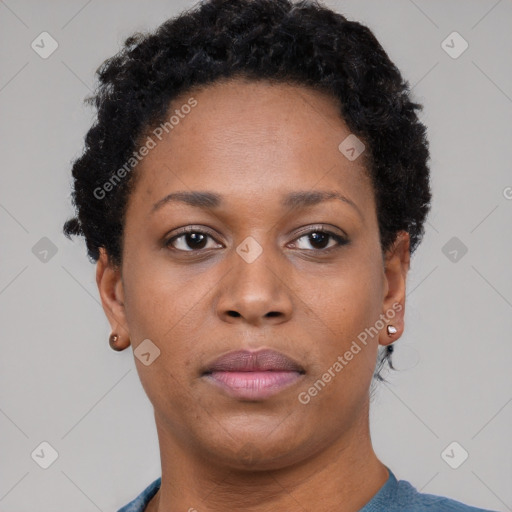 Neutral black young-adult female with short  brown hair and brown eyes