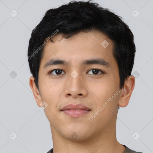 Neutral asian young-adult male with short  black hair and brown eyes