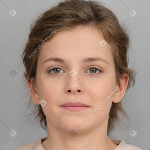 Neutral white young-adult female with medium  brown hair and brown eyes