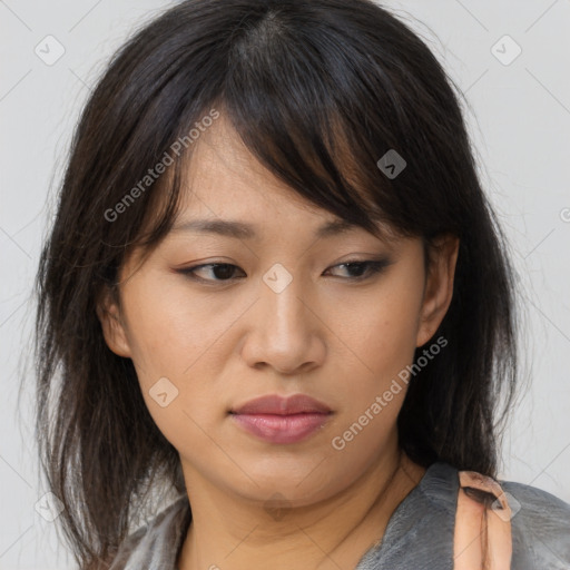 Neutral asian young-adult female with medium  brown hair and brown eyes