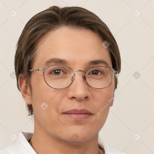 Joyful white adult female with short  brown hair and brown eyes