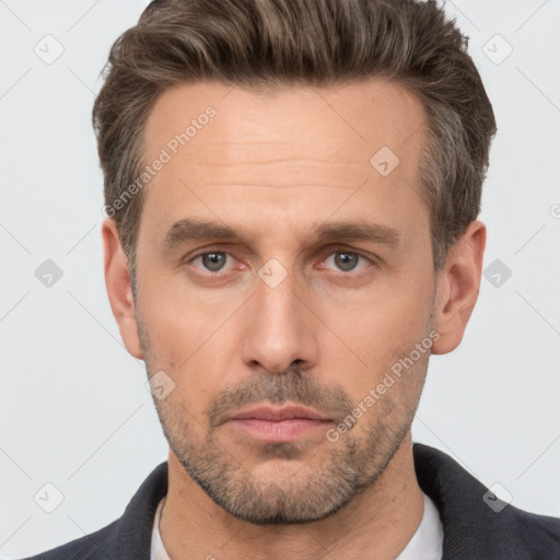 Neutral white adult male with short  brown hair and brown eyes