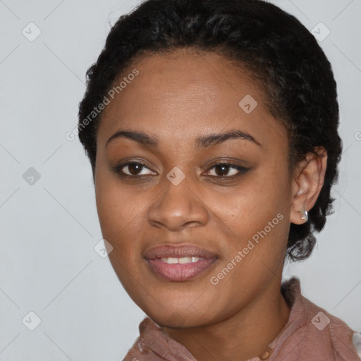 Joyful latino young-adult female with short  black hair and brown eyes