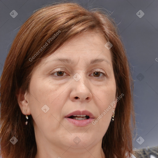 Joyful white adult female with medium  brown hair and brown eyes