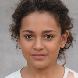 Joyful white child female with medium  brown hair and brown eyes