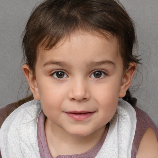 Joyful white child female with medium  brown hair and brown eyes