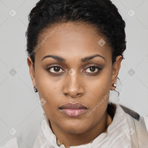 Neutral black young-adult female with short  brown hair and brown eyes