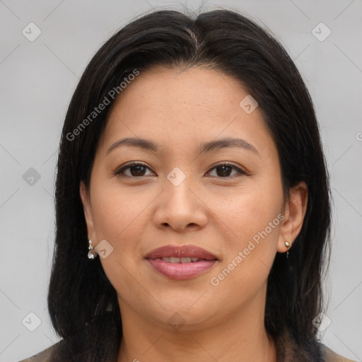 Joyful asian young-adult female with medium  brown hair and brown eyes