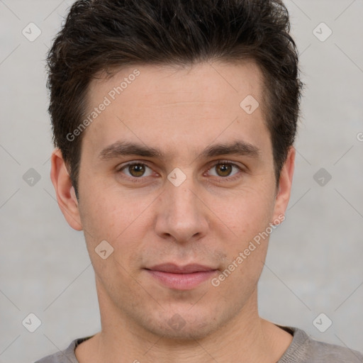 Neutral white young-adult male with short  brown hair and brown eyes