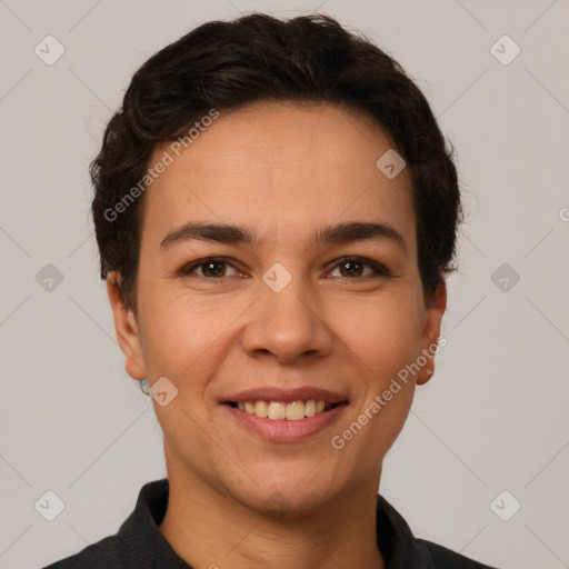 Joyful white young-adult female with short  brown hair and brown eyes