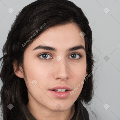 Neutral white young-adult female with long  brown hair and brown eyes