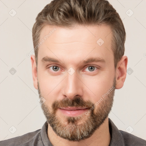 Neutral white young-adult male with short  brown hair and brown eyes