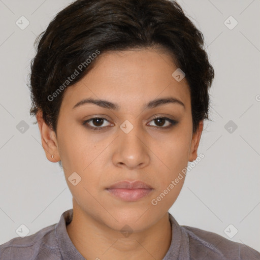 Neutral white young-adult female with short  brown hair and brown eyes