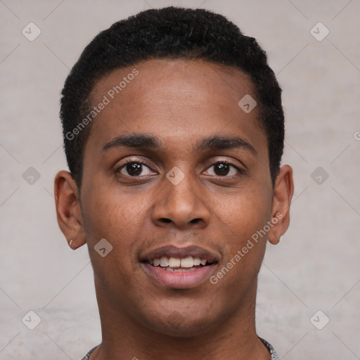 Joyful black young-adult male with short  black hair and brown eyes