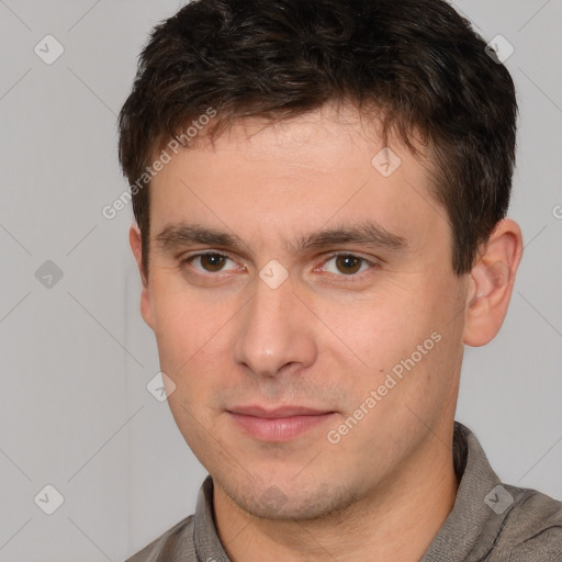 Neutral white young-adult male with short  brown hair and brown eyes