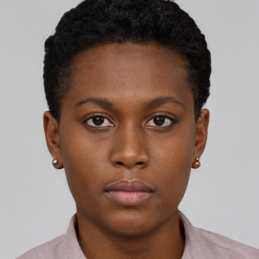 Neutral black young-adult female with short  brown hair and brown eyes