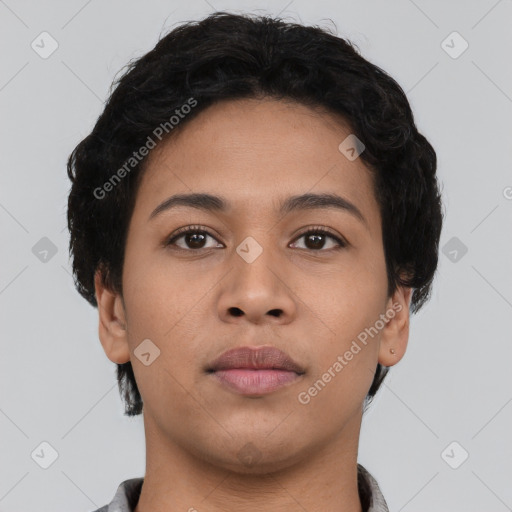 Neutral asian young-adult female with short  black hair and brown eyes