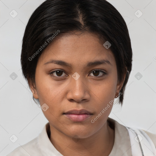 Neutral white young-adult female with medium  brown hair and brown eyes