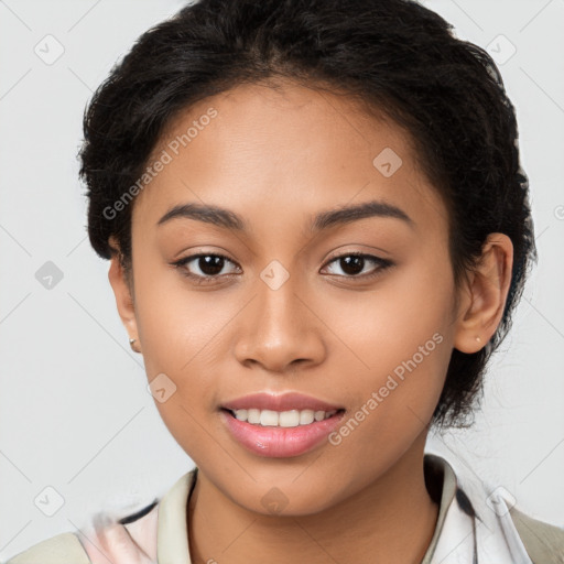 Joyful latino young-adult female with long  brown hair and brown eyes