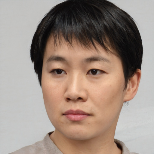 Neutral asian young-adult male with short  black hair and brown eyes