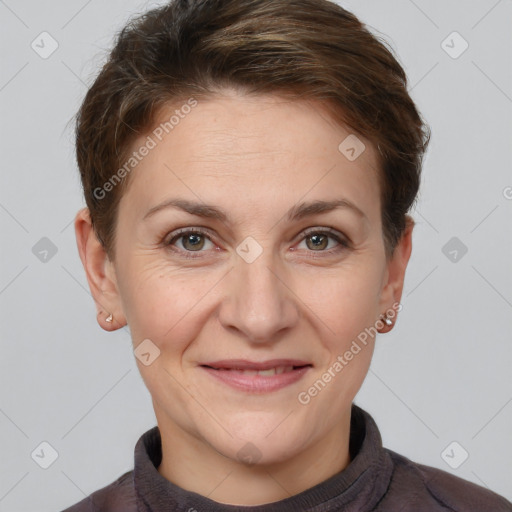 Joyful white adult female with short  brown hair and brown eyes