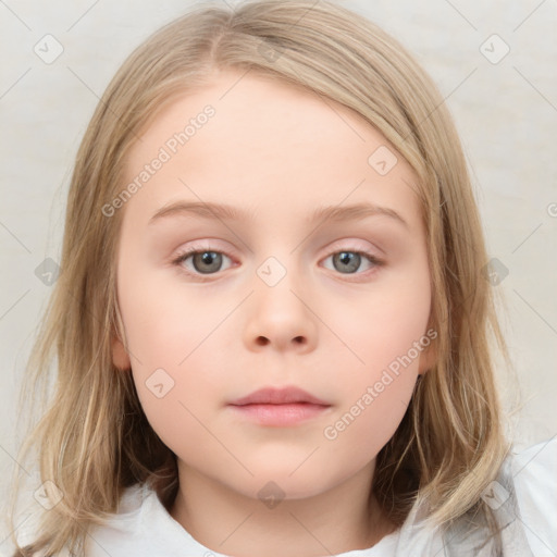 Neutral white child female with medium  brown hair and blue eyes