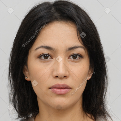 Neutral asian young-adult female with medium  brown hair and brown eyes