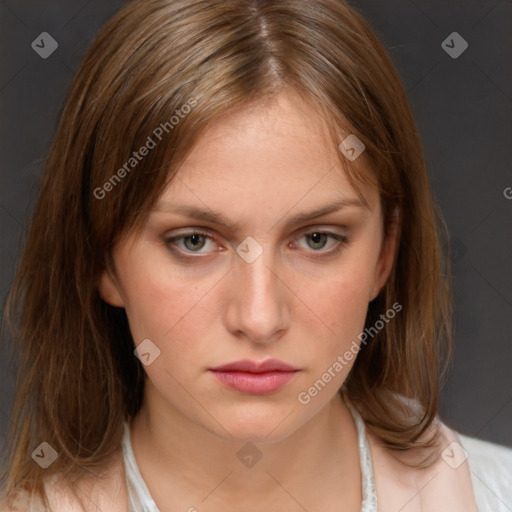 Neutral white young-adult female with medium  brown hair and brown eyes