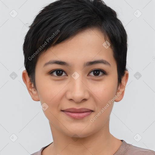 Joyful asian young-adult female with short  brown hair and brown eyes