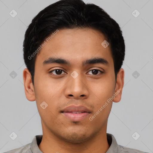 Neutral asian young-adult male with short  black hair and brown eyes