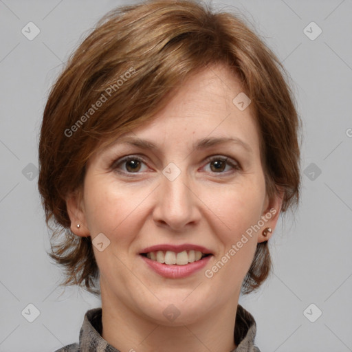 Joyful white adult female with medium  brown hair and grey eyes