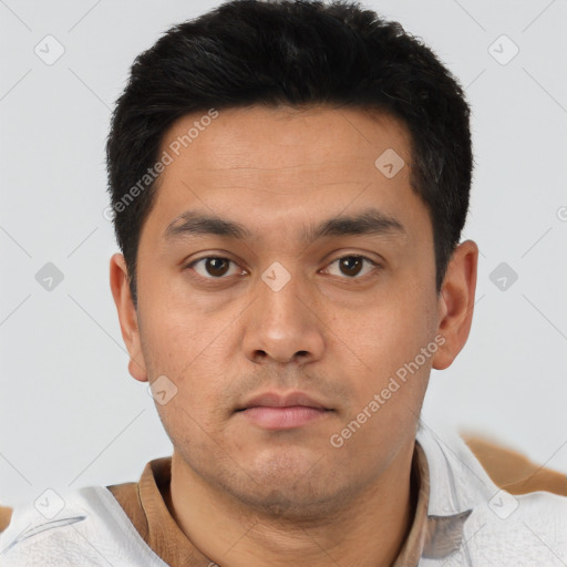 Neutral asian young-adult male with short  black hair and brown eyes