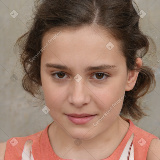 Joyful white child female with medium  brown hair and brown eyes