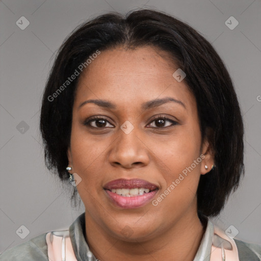Joyful latino young-adult female with medium  brown hair and brown eyes
