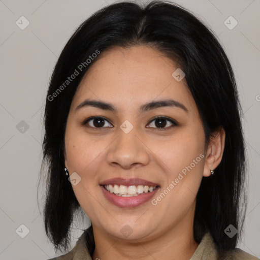 Joyful asian young-adult female with medium  brown hair and brown eyes