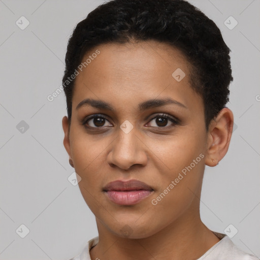 Joyful latino young-adult female with short  black hair and brown eyes