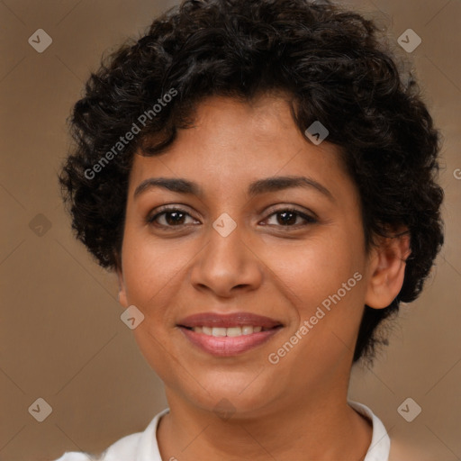 Joyful latino young-adult female with short  brown hair and brown eyes