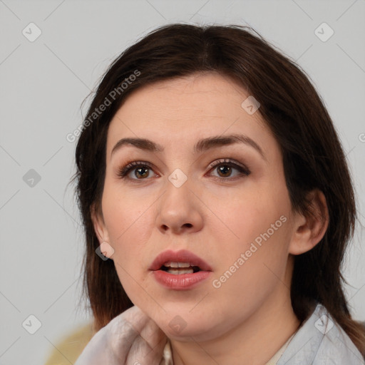 Neutral white young-adult female with medium  brown hair and brown eyes