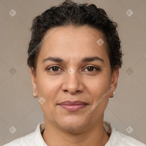 Joyful white adult female with short  brown hair and brown eyes