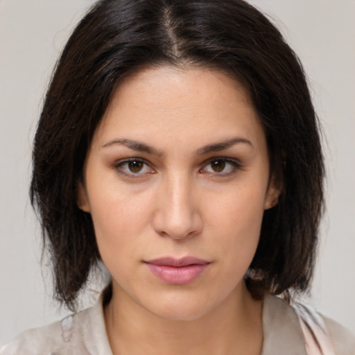 Neutral white young-adult female with medium  brown hair and brown eyes